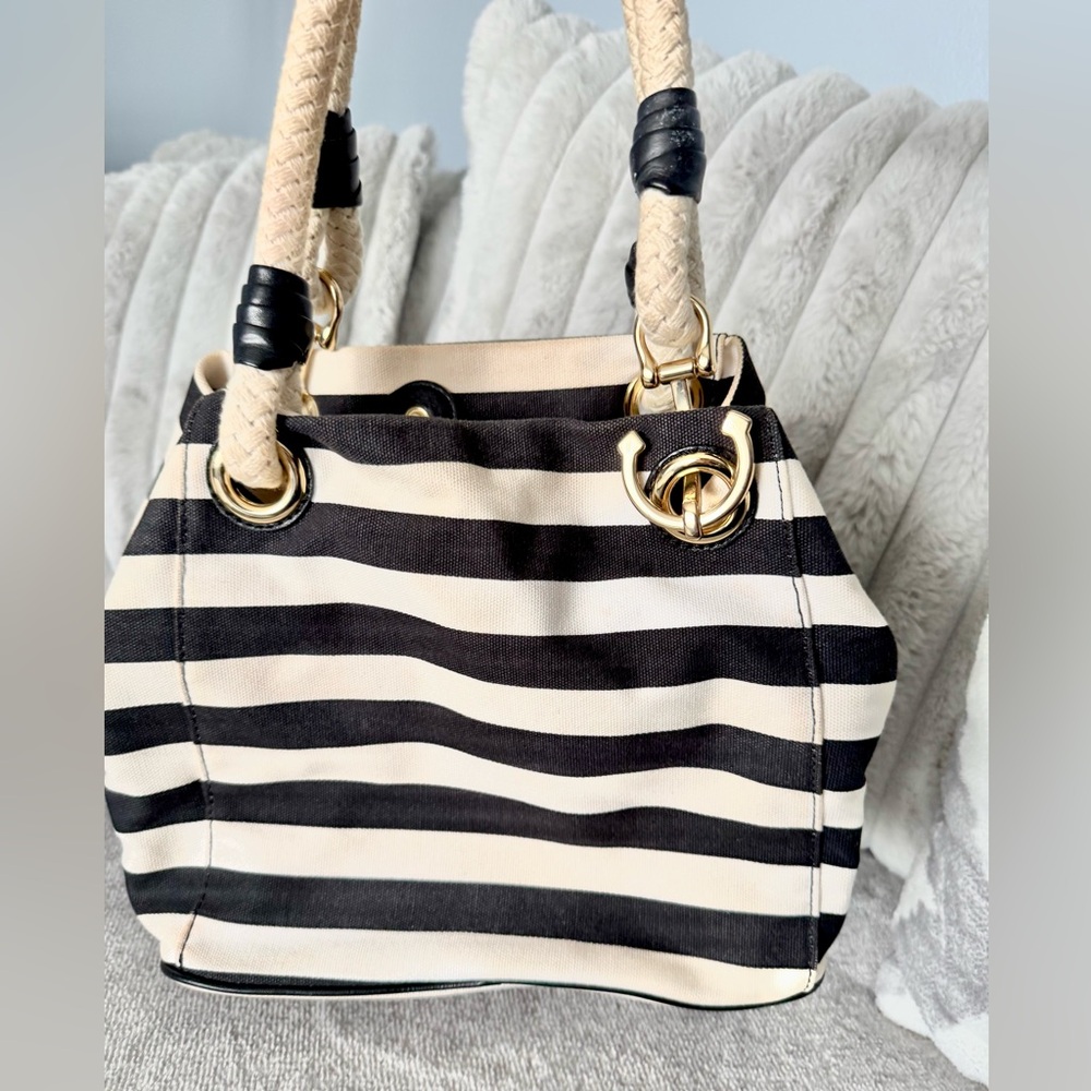 Michael Kors Striped Black and Cream Canvas Tote with Rope Handles - Picture 8 of 11